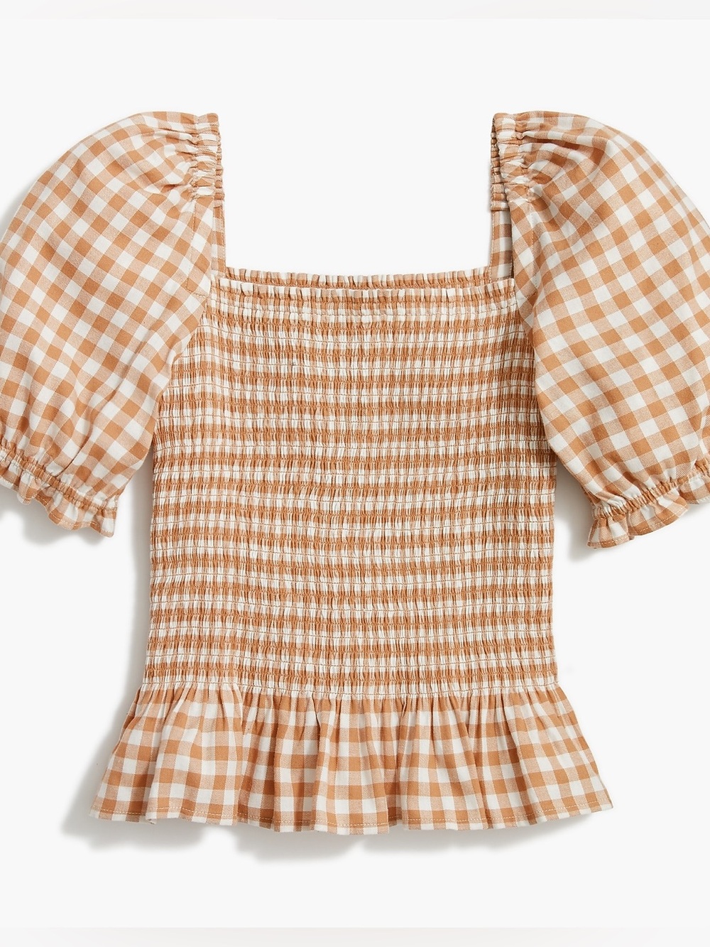 JCrew Smocked Gingham Puff-Sleeve Top in Tan and White